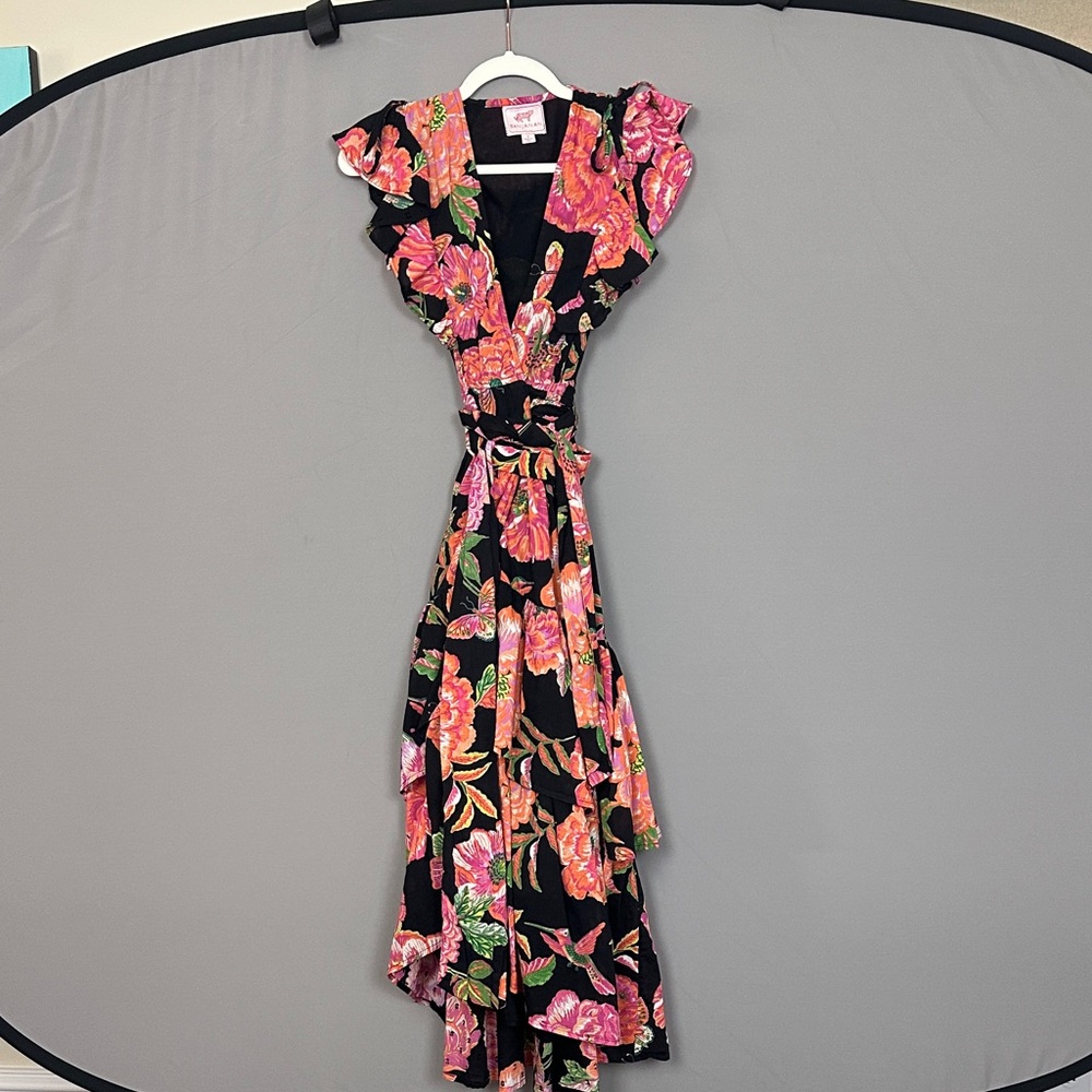 Banjanan Black and Pink Floral High Low Dress